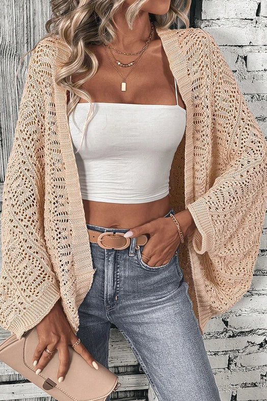 Women's Pointelle Hollowed Knit Cardigan in Apricot
