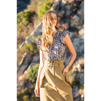 Women's High Neck Ruffle Sleeve Knit Top in Cheetah Green