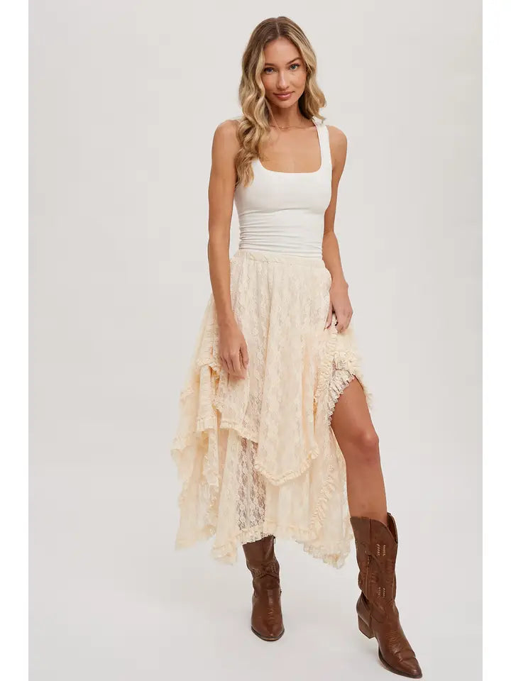 Women's Lace Tiered Midi Skirt (Available in Two Colors)