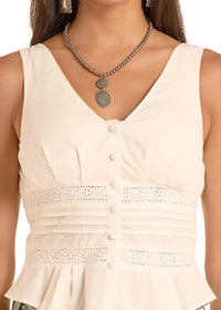 Women's Rock & Roll Denim Eyelet Inset Tank Top in Natural