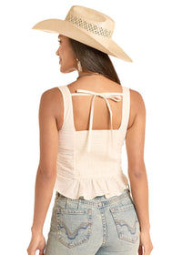 Women's Rock & Roll Denim Eyelet Inset Tank Top in Natural