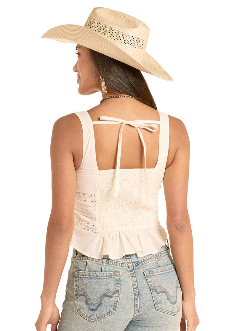 Women's Rock & Roll Denim Eyelet Inset Tank Top in Natural