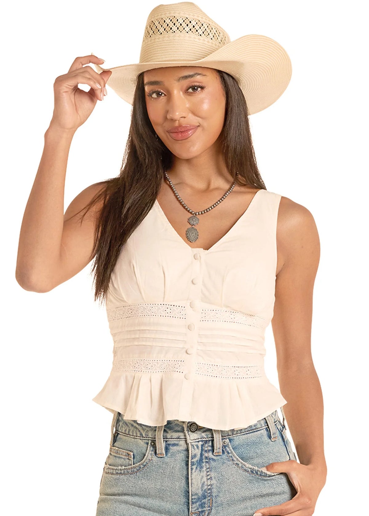 Women's Rock & Roll Denim Eyelet Inset Tank Top in Natural