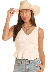 Women's Rock & Roll Denim Eyelet Inset Tank Top in Natural