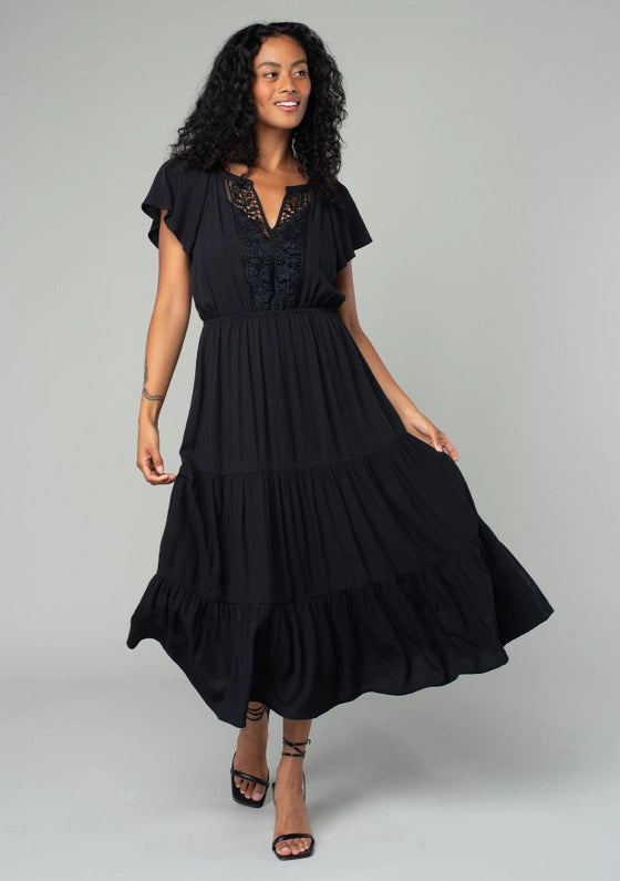 Women's Floral Lattice Trim Tiered Midi Dress in Black