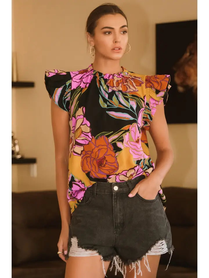 Women's Printed Short Flutter Sleeve Top in Multicolor (Available in Plus Sizes)