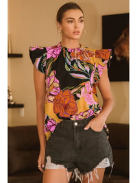 Women's Printed Short Flutter Sleeve Top in Multicolor (Available in Plus Sizes)
