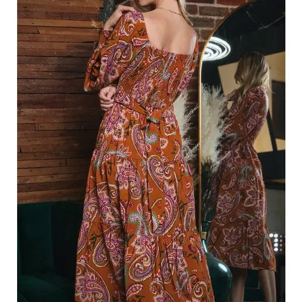 Women's L/S Paisley Print Smocked Midi Dress in Toffee (Available in Regular and Plus Sizes)