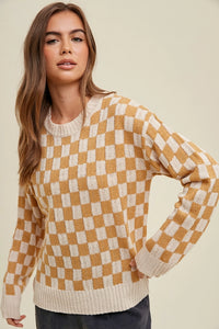 Women's Lightweight Checkered Pullover Sweater in Cream & Caramel