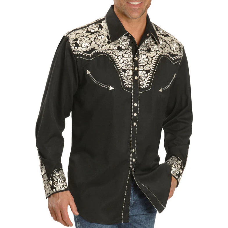 Scully Men's Floral Embroidered Western Snap Shirt in Black