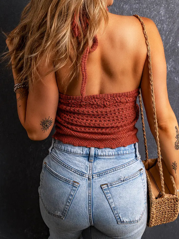Women's Knit Crochet Backless Halter Top in Red Clay