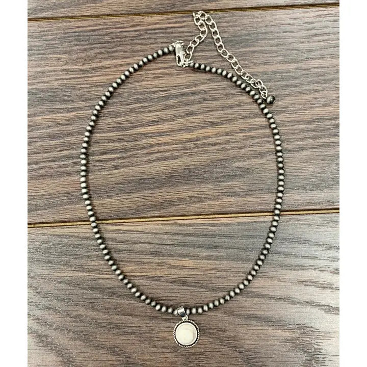 15" Handmade Navajo White Turquoise Pendant Beaded Necklace