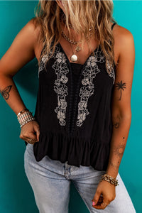 Women's Floral Embroidered Spaghetti Strap Fashion Tank in Black