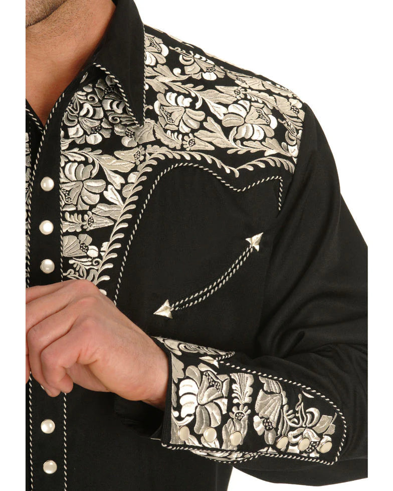Scully Men's Floral Embroidered Western Snap Shirt in Black