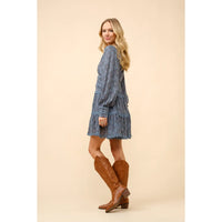 Women's Rayon Jacquard Lace Trimmed Mini Dress in Dusty Blue