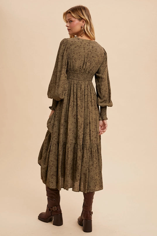 Women's Viscose Floral Long Sleeve Maxi Dress in Olive