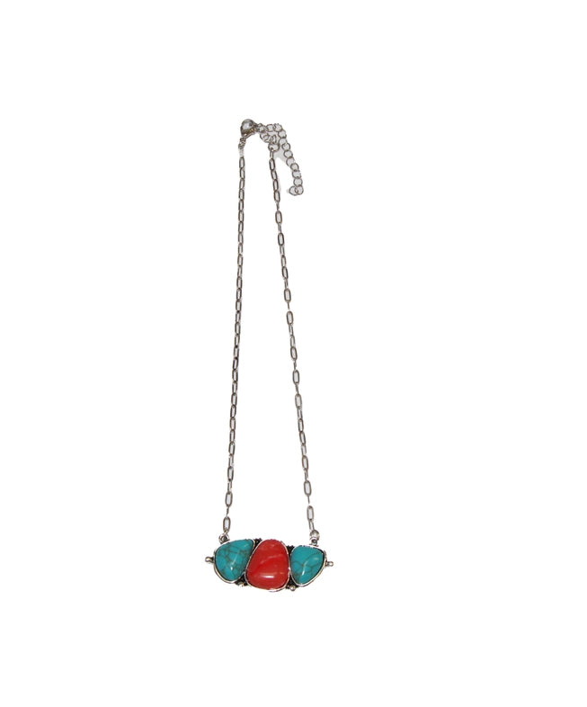 West & Co. Turquoise & Coral 3 Stone Bar Silver Link Chain Necklace