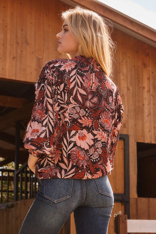 Women's Long Sleeve Floral Boho Blouse in Black (Available in Plus Sizes)