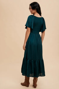 Women's Smocked Satin Midi Dress in Emerald