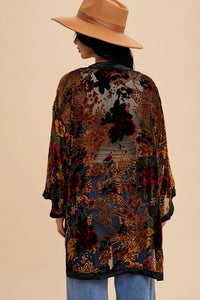 Women's Floral Velvet Burnout Kimono in Black