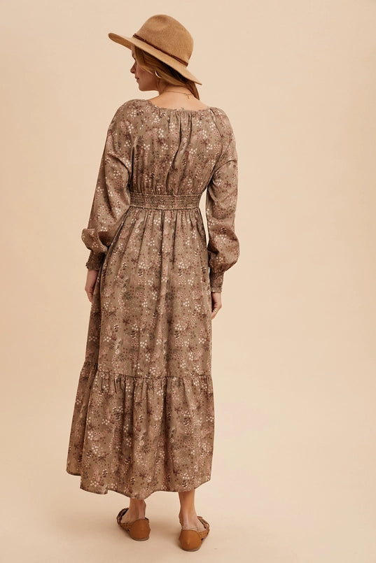 Women's Long Blouse Sleeve Floral Maxi Dress in Dusty Olive