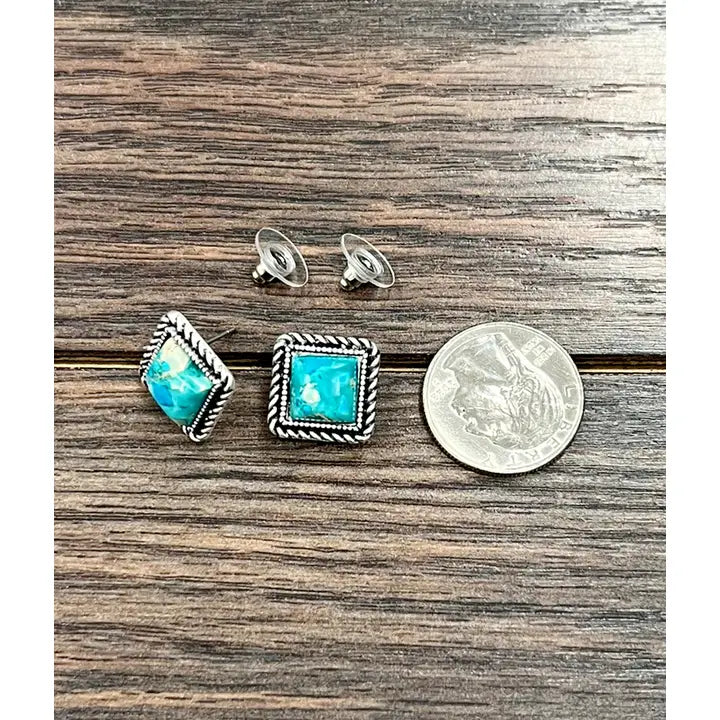 10mm Square Turquoise and Matrix Stud Earrings
