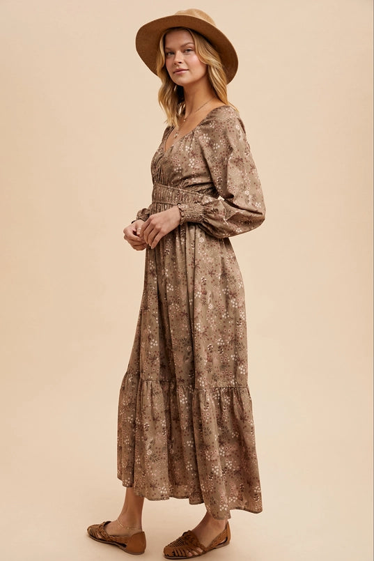 Women's Long Blouse Sleeve Floral Maxi Dress in Dusty Olive