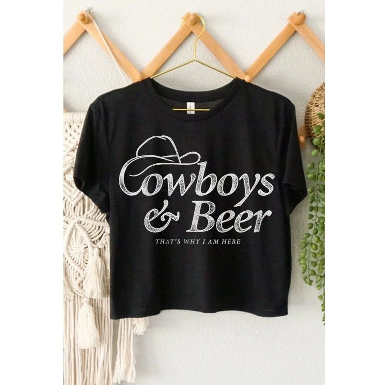 Women's "Cowboys & Beer" Graphic Cropped Tee in Black