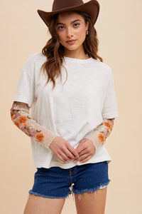 Women's Floral Embroidered Mesh Twofer Sleeve Top in Off White