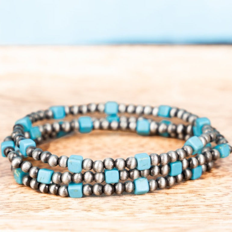 Silver Navajo and Stone Bead Stackable Bracelet Set