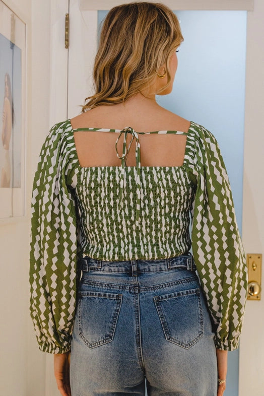 Women's Long Puff Sleeve Geometric Cropped Blouse in Turtle Green