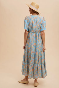 Women's Border Floral Button Front Midi Dress in Dusty Blue