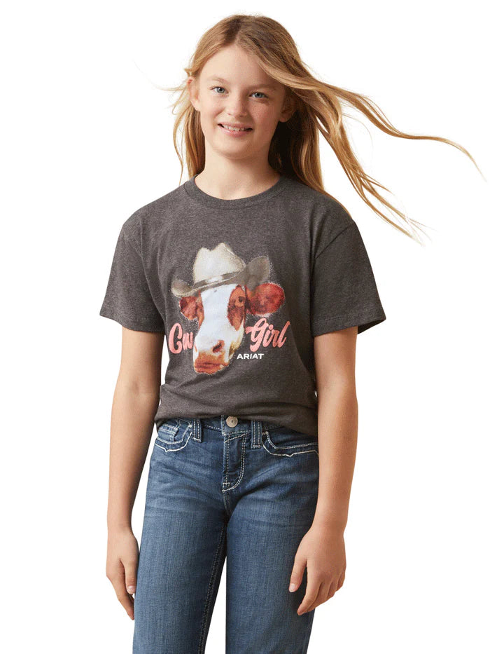 Ariat Girl's Cow Girl Graphic T-shirt in Charcoal Heather