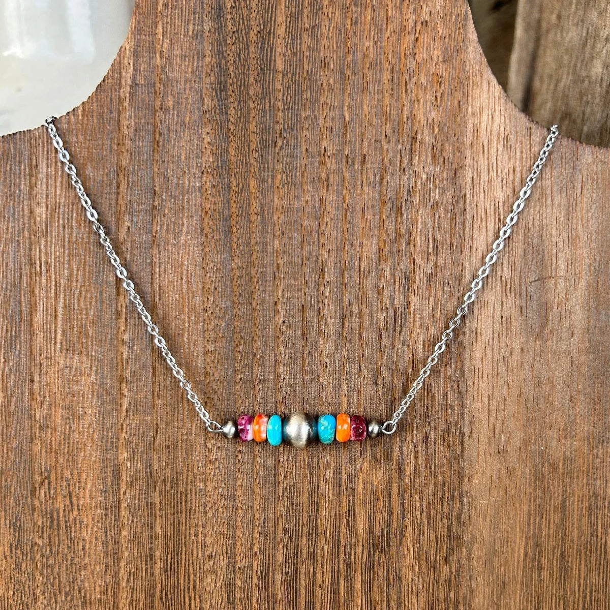 Thunder & Stone Turquoise, Spiny Oyster, & Navajo Style Pearl Bar Necklace