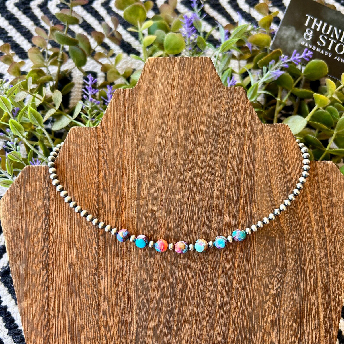 Thunder & Stone 14" Pink Dahlia, Kingman Turquoise, & Navajo Style Pearl Choker