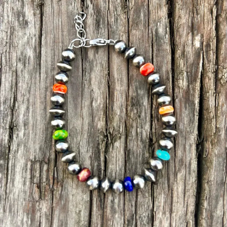 Thunder & Stone Genuine Mixed Gemstone and Sterling Silver Pearl Western Bracelet