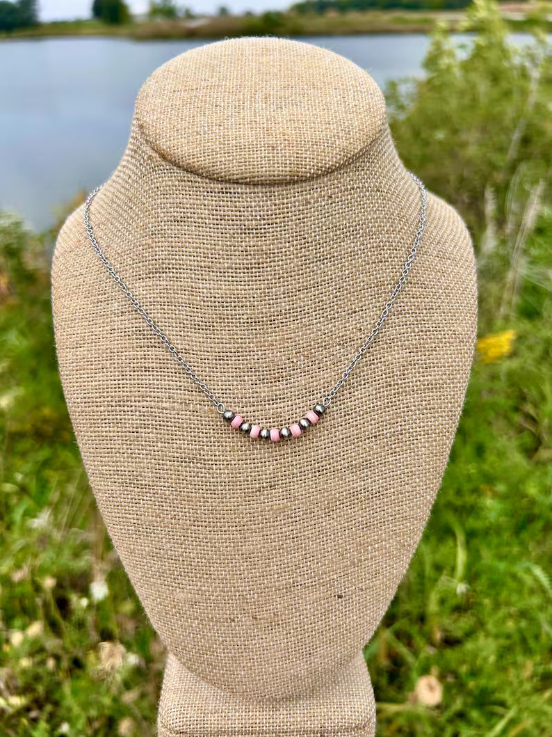 Thunder & Stone Dainty Sterling Silver Navajo Style Pearl Necklace with Pink Conch