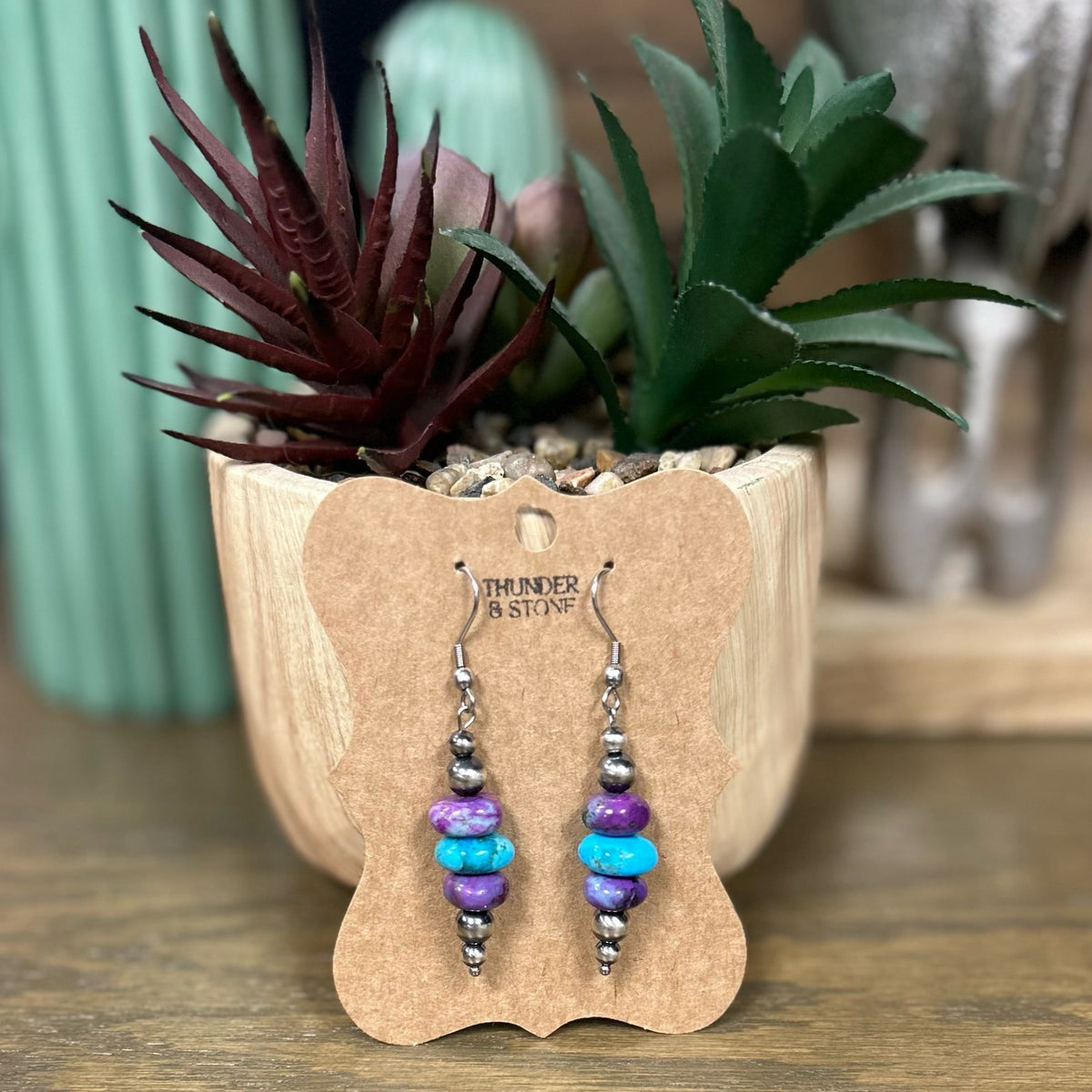 Authentic Navajo Pearl Earrings with Purple and Turquoise Stones