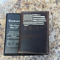 Ariat Men's Dark Brown Leather Distressed Flag Patch Tri Fold Wallet