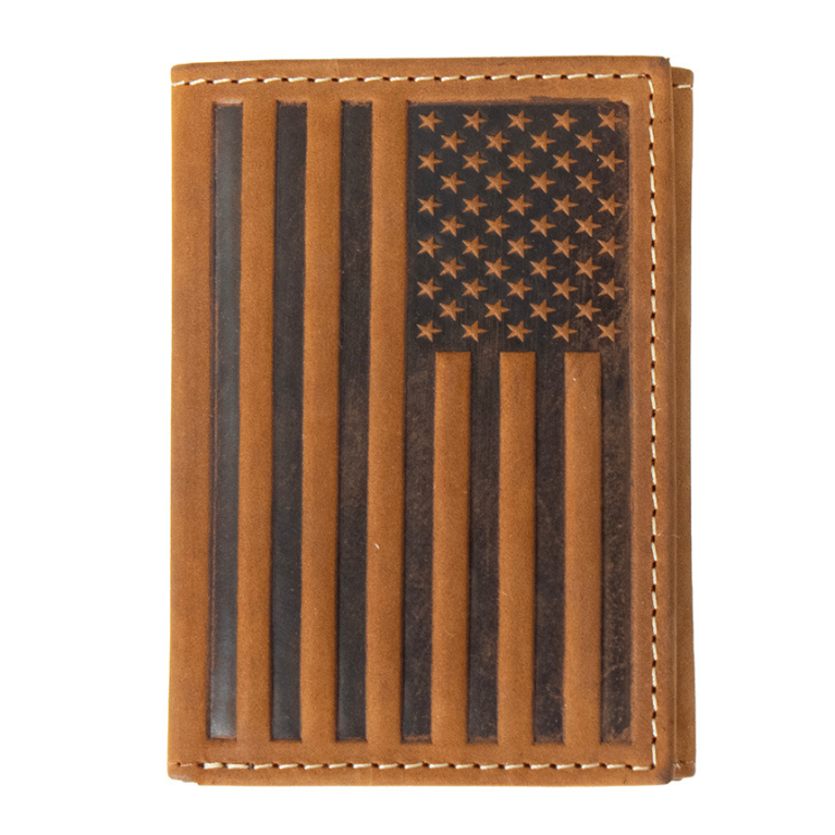 Nocona Men's Leather Embossed American Flag Tri-Fold Wallet