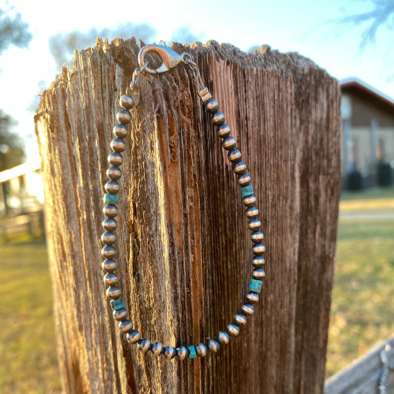 6" Bracelet with 4mm Sterling Silver Pearls and Real Turquoise