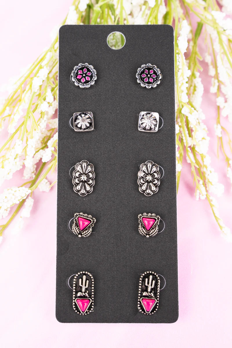 Burnished Silver and Pink Stone Western Post Earrings 5 Pack