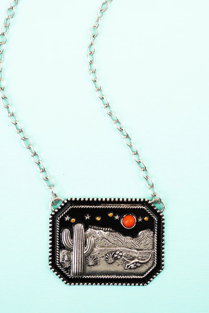 Western Cactus Mountain with Orange Crystals and Turquoise Silver Tone Necklace