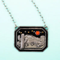 Western Cactus Mountain with Orange Crystals and Turquoise Silver Tone Necklace