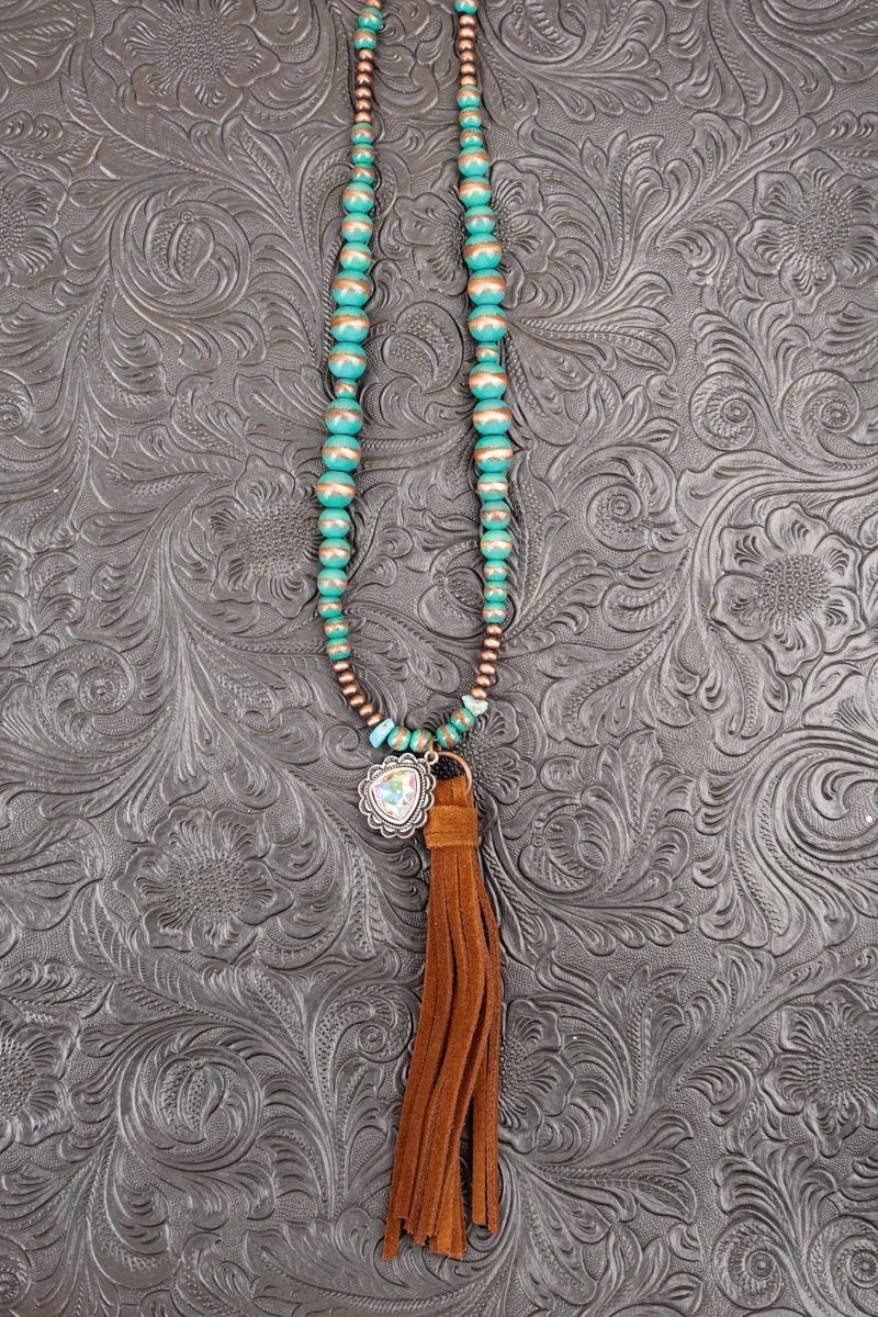 Western Honey Brook Turquoise and Copper Tone Suede Tassel Necklace