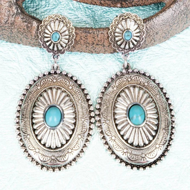 Western Carolee Sunburst Conchos with Turquoise Accent Earrings (Multiple Colors Available)