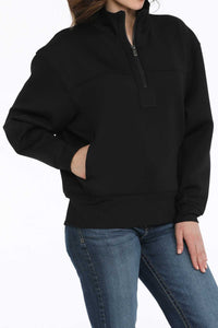 Cinch Women's Logo Sleeve 1/4 Zip Pullover Sweatshirt in Black