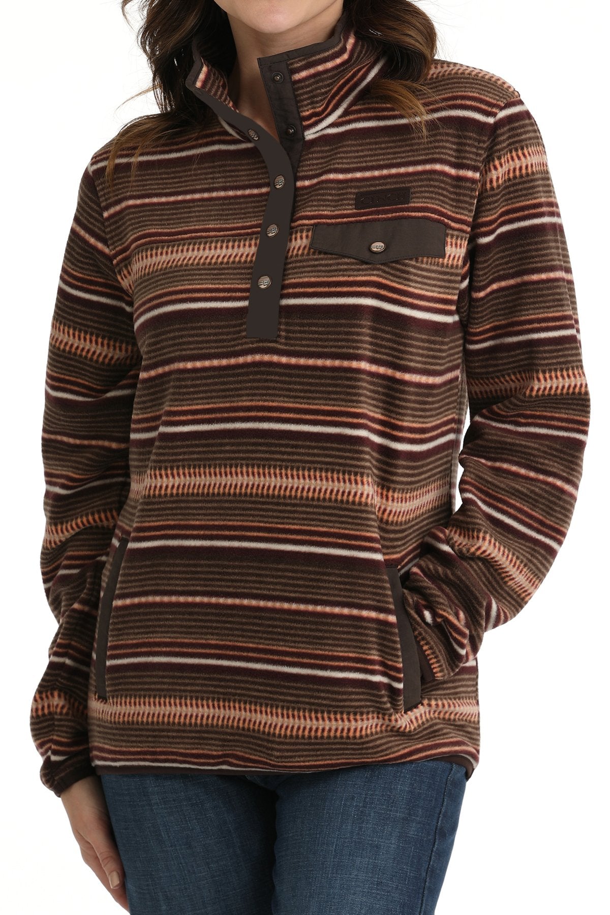 Cinch Women's Southwest Stripes Quarter Snap Fleece Pullover in Brown & Coral