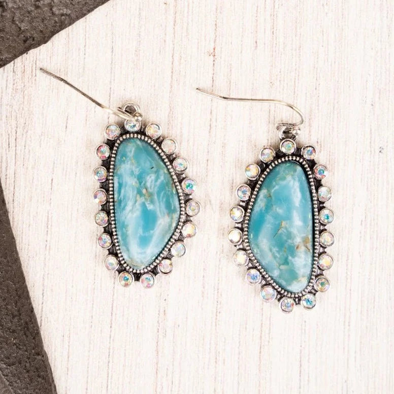 Western Eastway Turquoise and Iridescent Crystal Burnished Silver Tone Earrings
