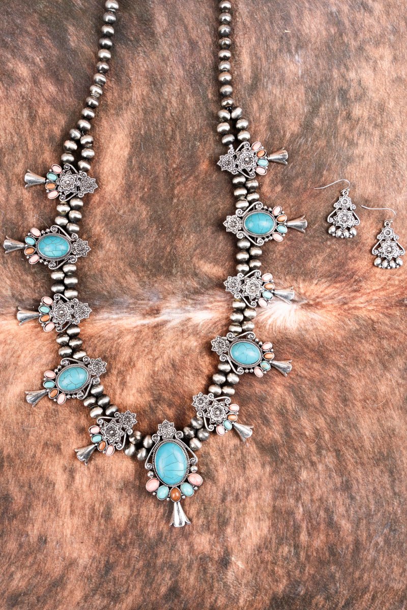 Western Burnished Silver Tone Vienna Multi-Color Turquoise Squash Blossom Necklace and Earring Set